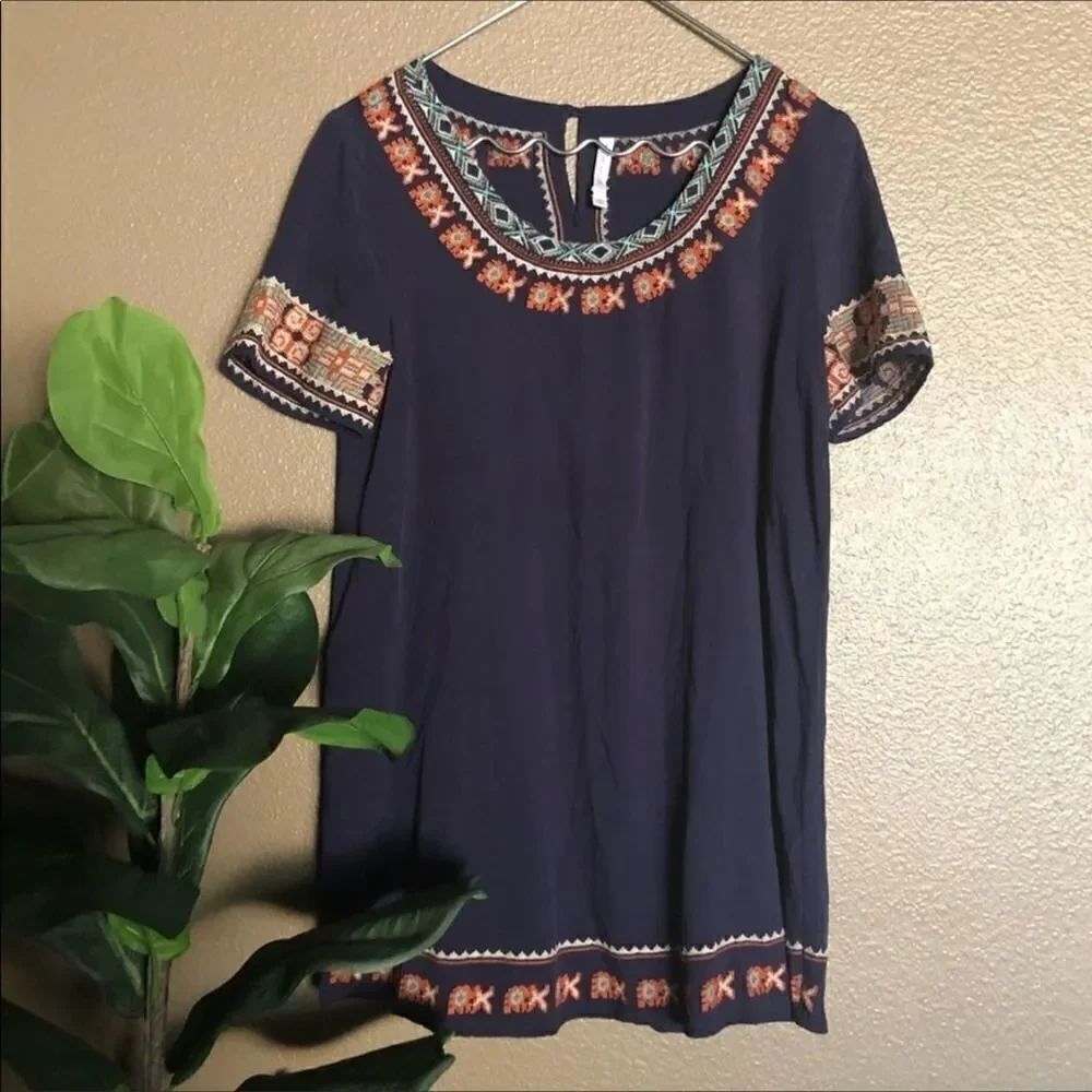 MUR MUR Blue Embroidered Short Sleeve Shirt Dress